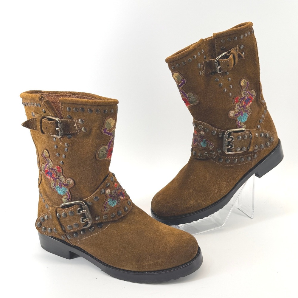 FRYE Nat Flower Engineer Boots Wheat Brown Suede Studded Womens 7B Deadstock - Picture 2 of 8